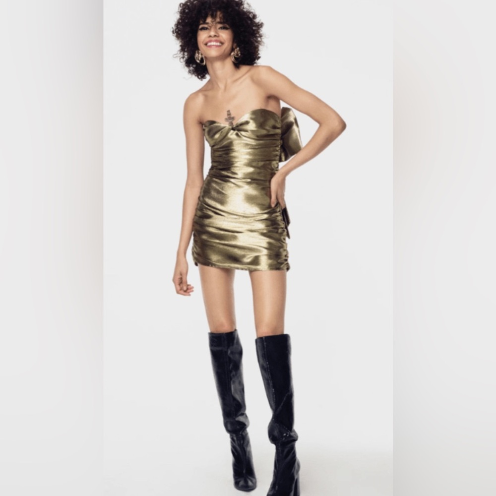 NWT For Love & Lemons Gold Juliette bow mini dress